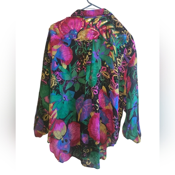 Vintage Judith Ann Creations Silk Beaded Blouse - 80s/90s Tropical Floral - Picture 3 of 5